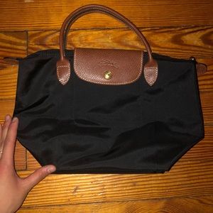 Small black top handle long champ bag